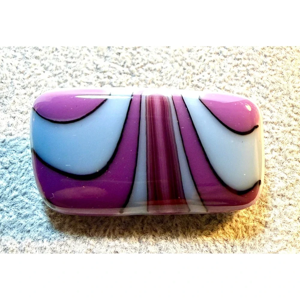 Rectangular Fused‎ Glass Pin Brooch Purple White Abstract Swirl Design Women